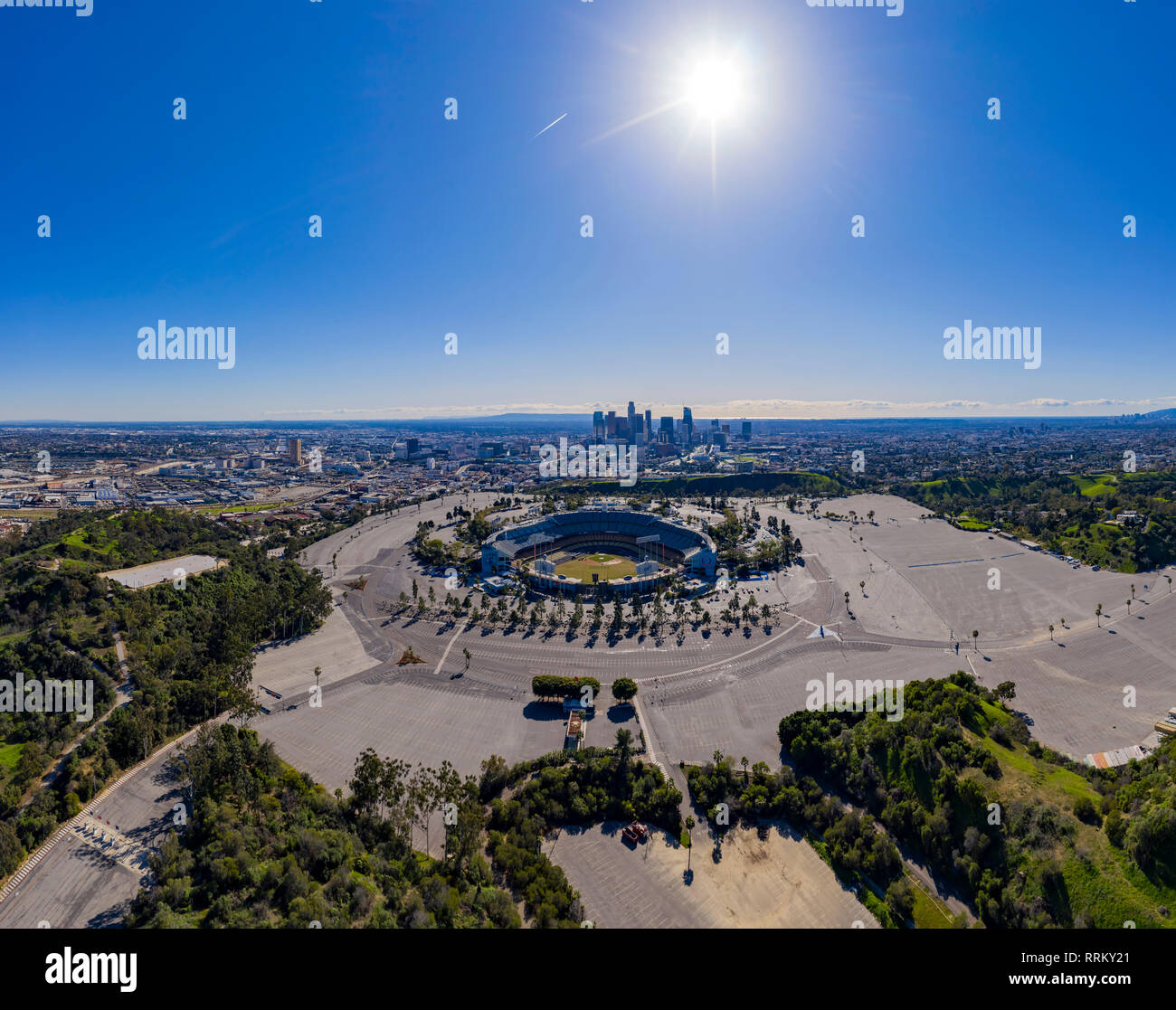 Aerial view of the Los Angeles downtown area with Dodger Stadium at ...
