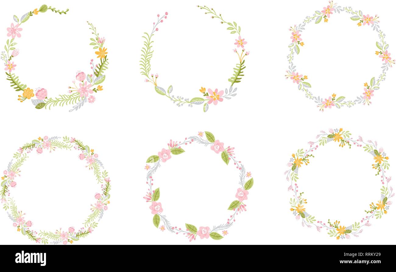 Set of Spring flower herbs wreath. Flat abstract Vector garden frame ...