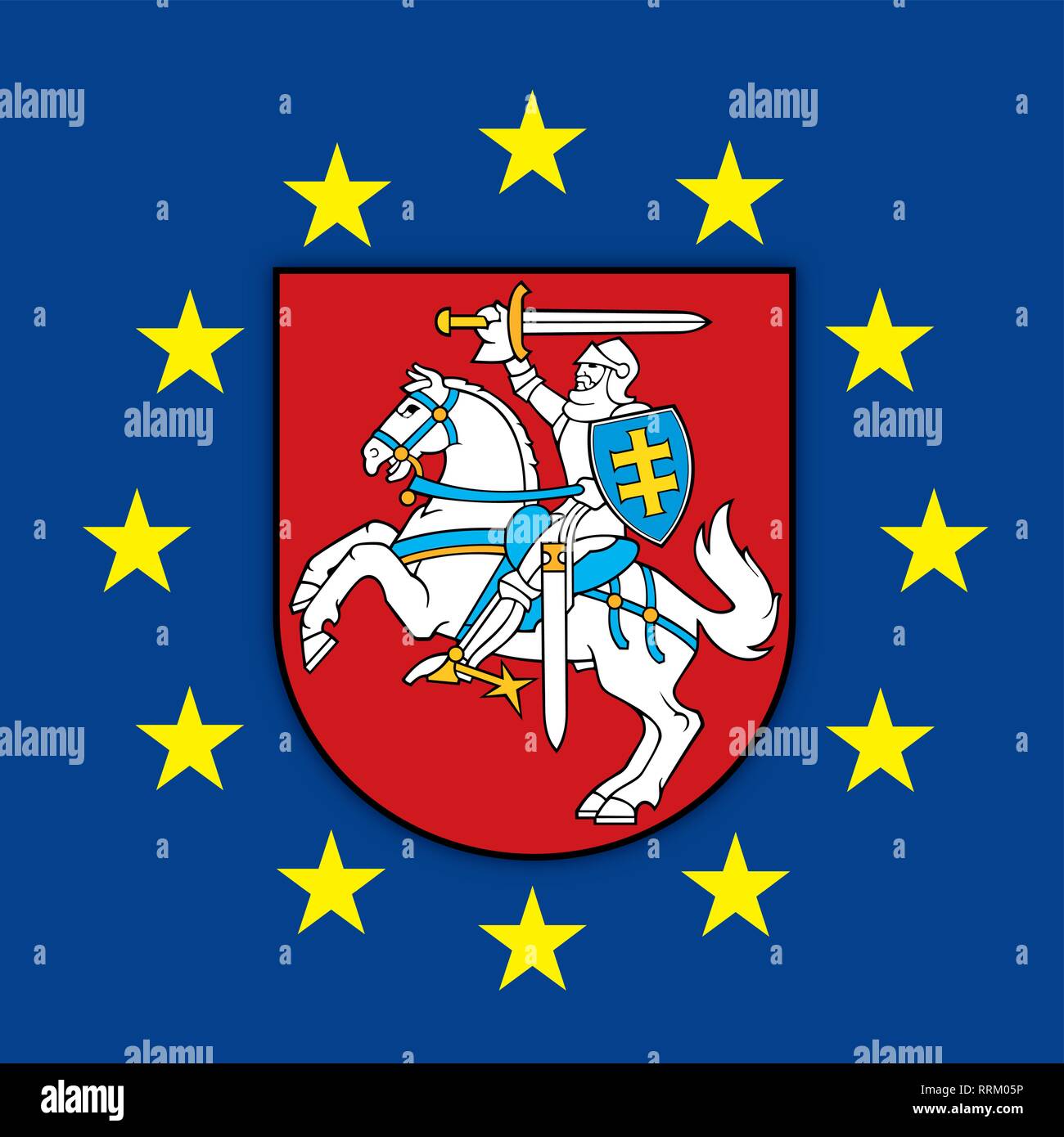Lithuania coat of arms on the European Union flag, vector illustration Stock Vector