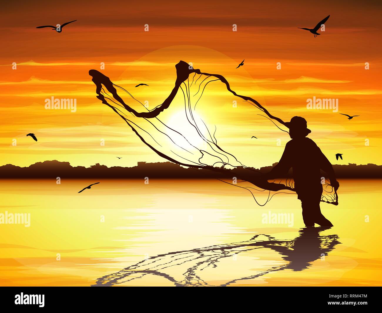 Silhouette of man catching the fish in twilight Stock Vector Image & Art -  Alamy