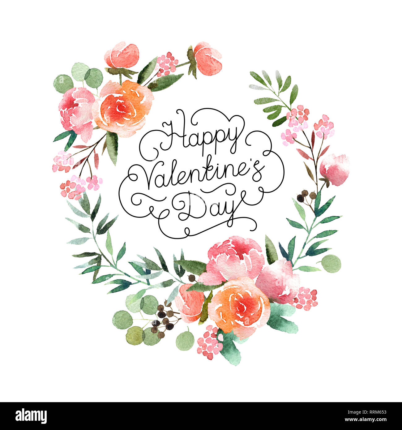 Beautiful watercolor wreath with Happy Valentine's Day inscription isolated on white background. Round floral wreath for design, postcards, banners, e Stock Photo
