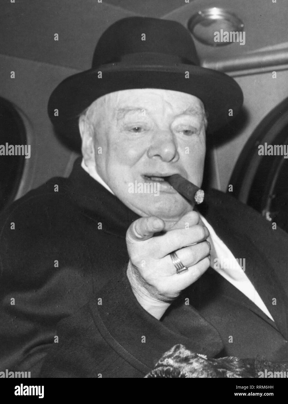 Churchill, Winston, 30.11.1874 - 24.1.1965, British politician (Cons.), portrait, in the car, late 1950s, Additional-Rights-Clearance-Info-Not-Available Stock Photo