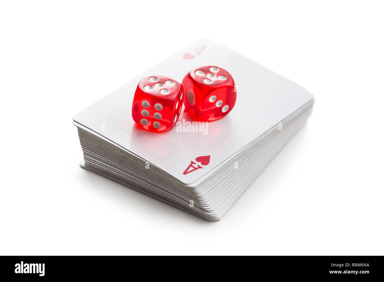 Dice and poker cards isolated on white background. Stock Photo