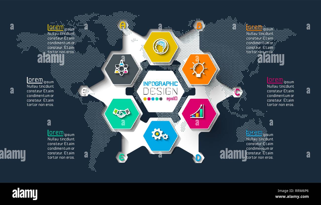 Business hexagon labels shape infographic on circle. Stock Vector