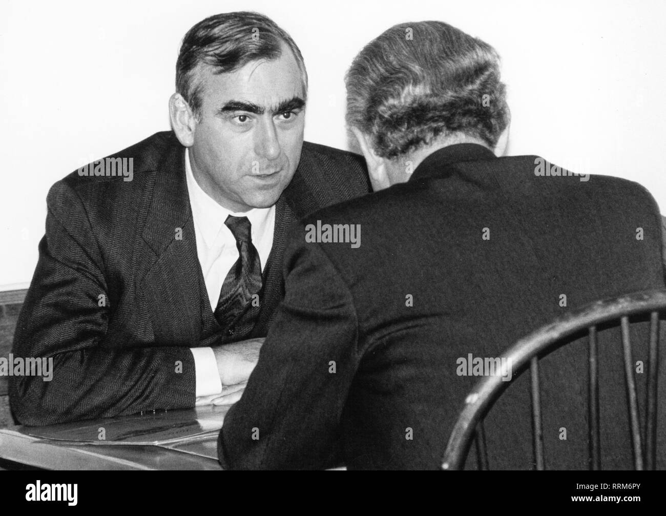 Waigel, "Theo", * 22.4.1939, German politician (Christian Social Union), Christian Social Union chairman, conversation with Prime Minister Max Streibl, XXVI. international military science congress, Munich, 28.-29.1.1989, Additional-Rights-Clearance-Info-Not-Available Stock Photo