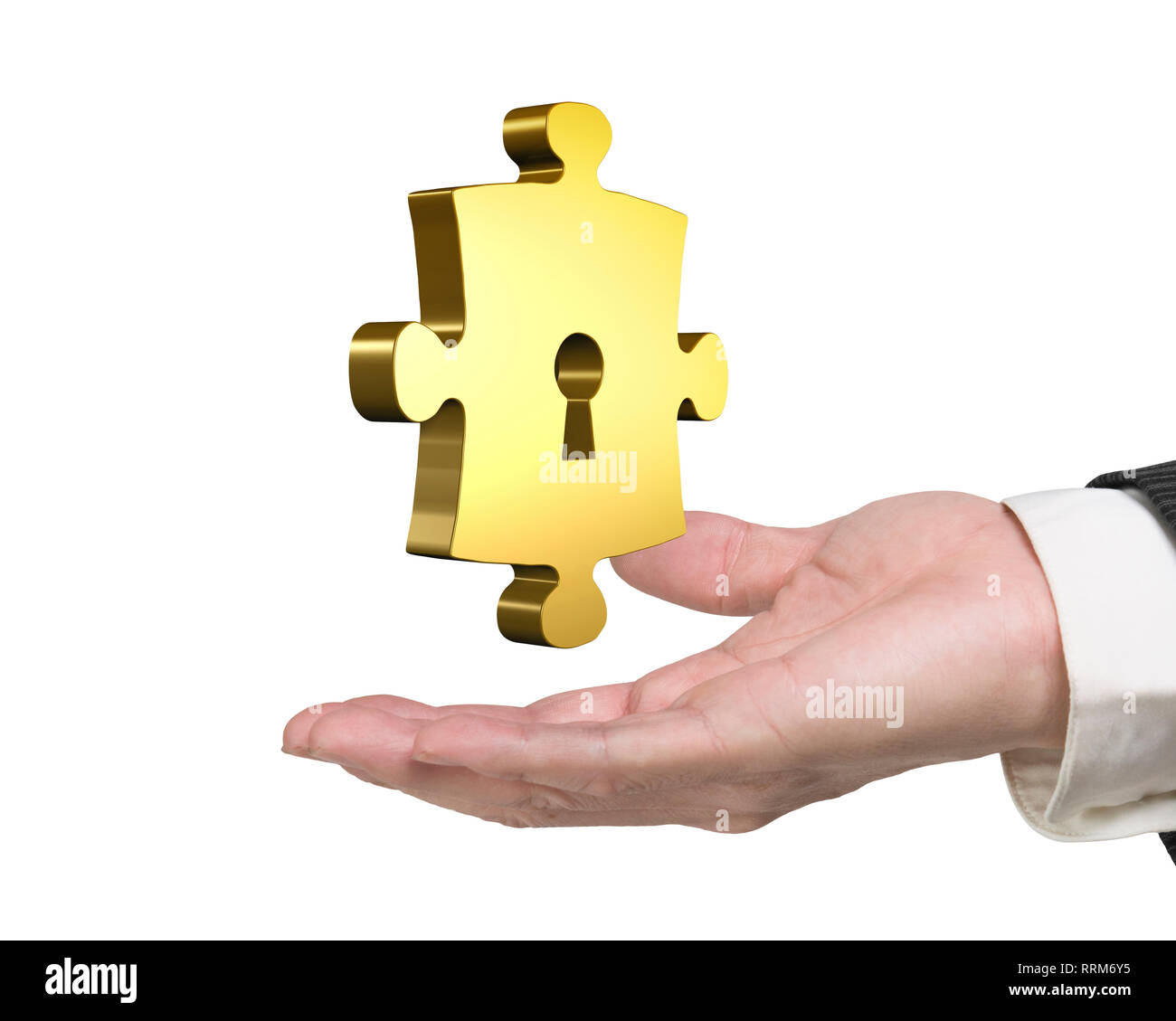 Man hand holding one golden puzzle piece with keyhole, isolated on white background. Stock Photo