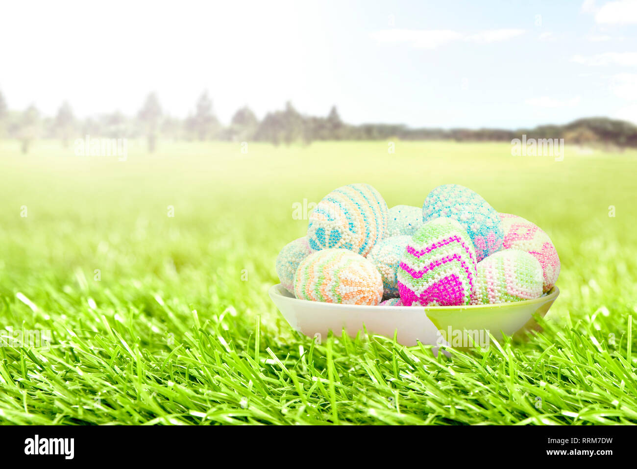 Colorful easter eggs in bowl on the grass field with trees and blue sky ...