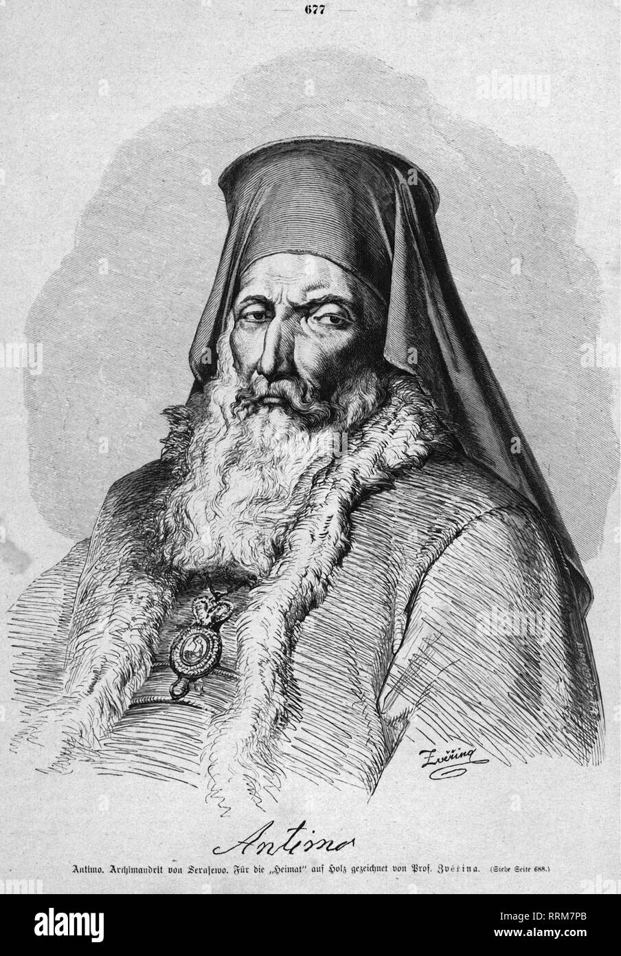 Antimo, Bosnian clergyman, Archimandrite of Sarajevo in the 19th century, portrait, wood engraving after a drawing by Franz Zverina, circa 1880, Additional-Rights-Clearance-Info-Not-Available Stock Photo
