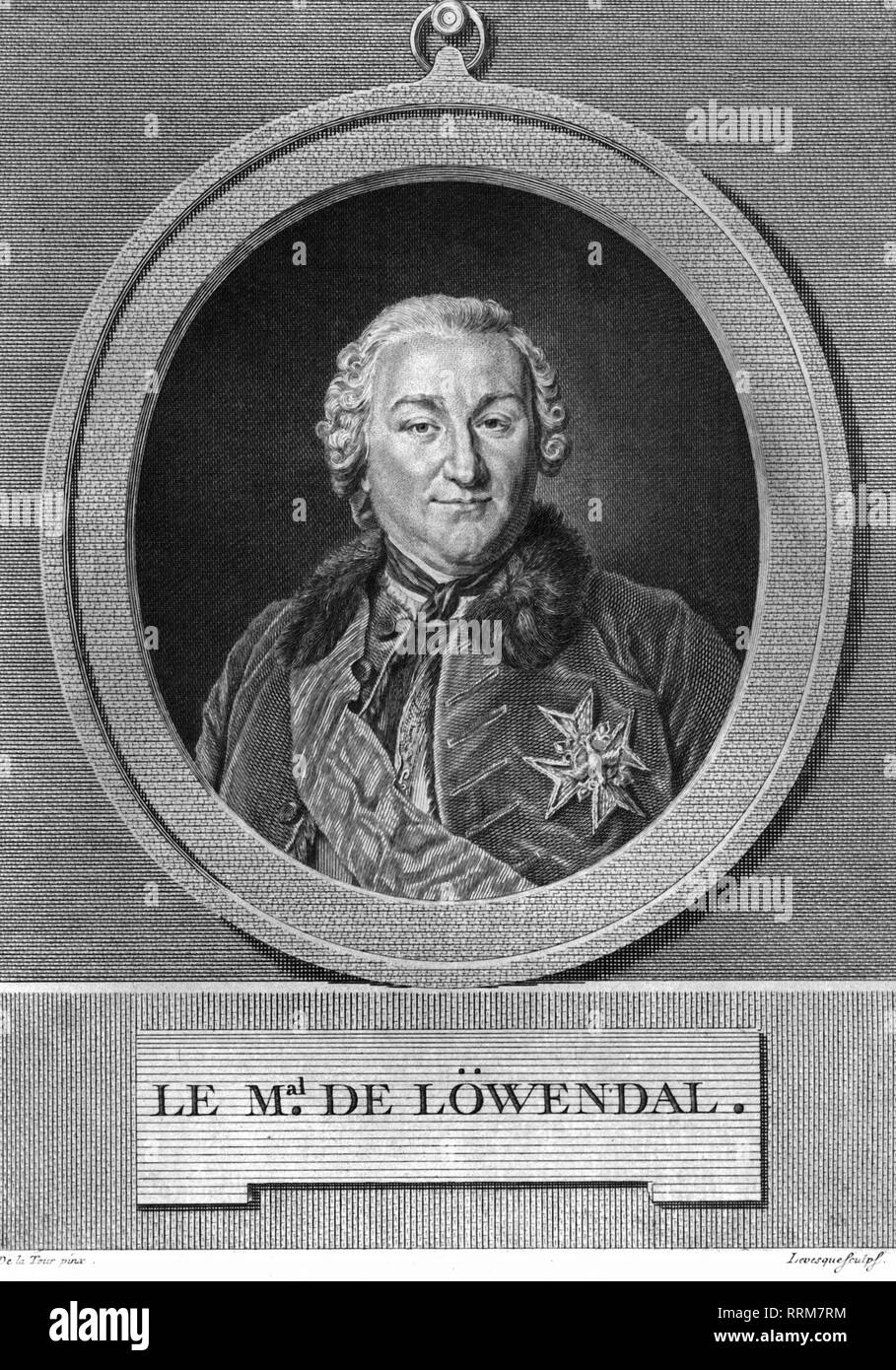 Lowendal, Ulrich von, 1.4.1700 - 27.5.1755, German military leader, Marshal of France, portrait, contemporary copper engraving, after painting by Quentin de La Tour (1704 - 1788), Artist's Copyright has not to be cleared Stock Photo