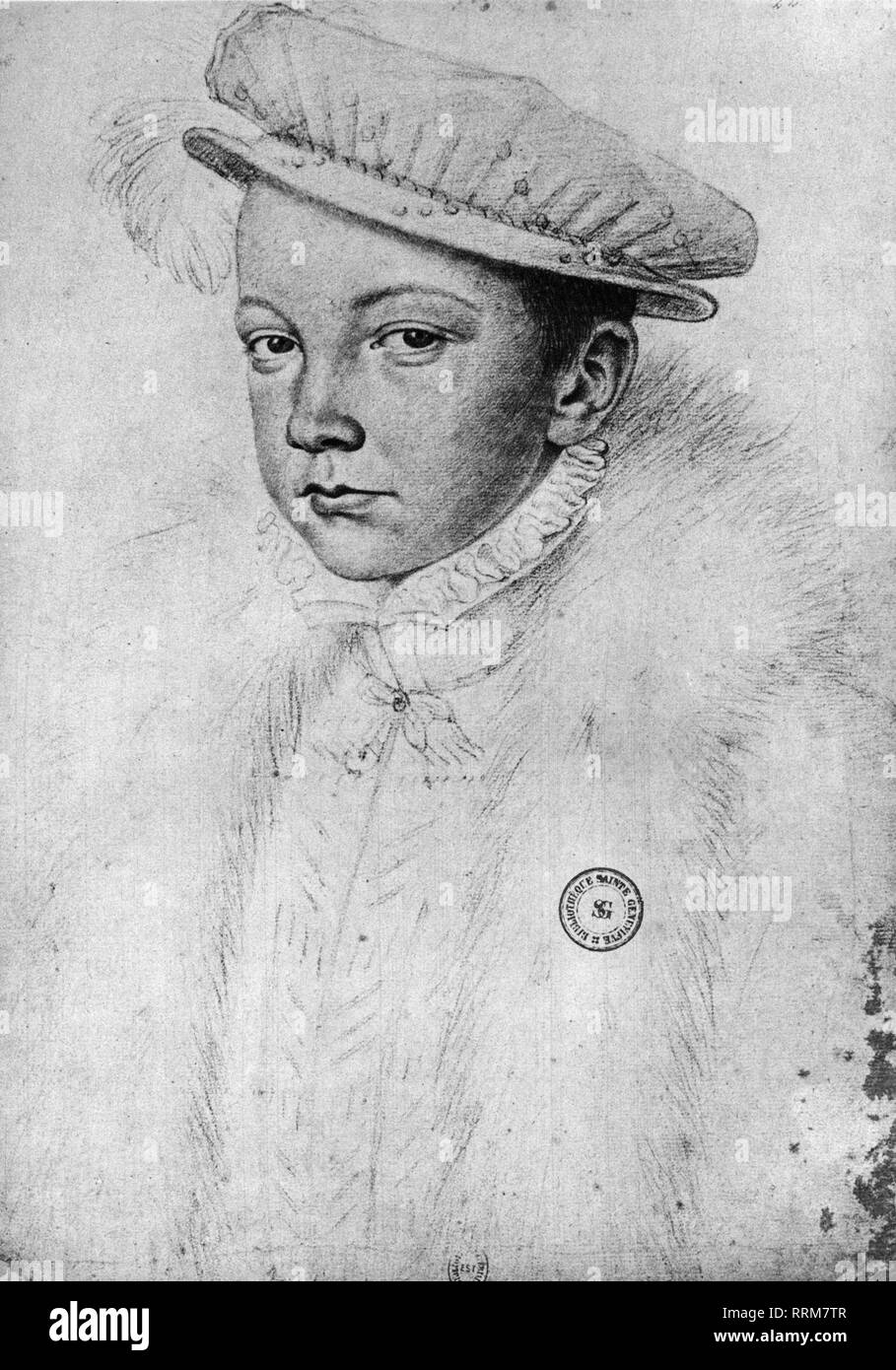 Francis II, 19.1.1544 - 5.12.1560, King of France 1559 - 1560, portrait, as Dauphin, drawing by Francois Clouet, 1553, Bibliotheque Nationale, Paris, Additional-Rights-Clearance-Info-Not-Available Stock Photo