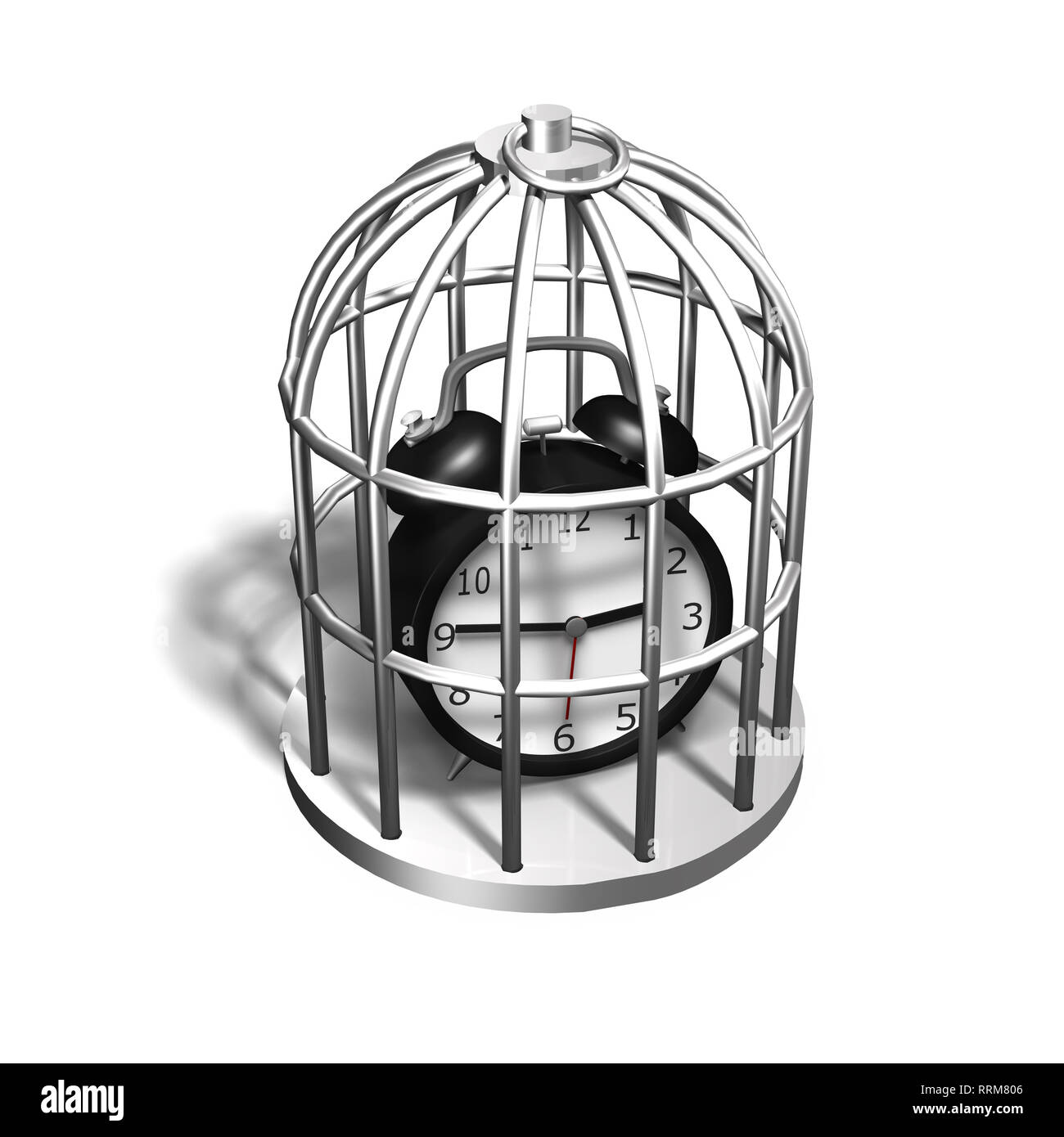 Alarm clock in the silver cage, isolated on white, 3D illustration