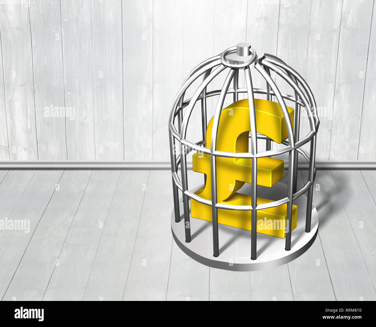 Golden Pound Symbol In The Silver Cage On Wooden Wall And Floor