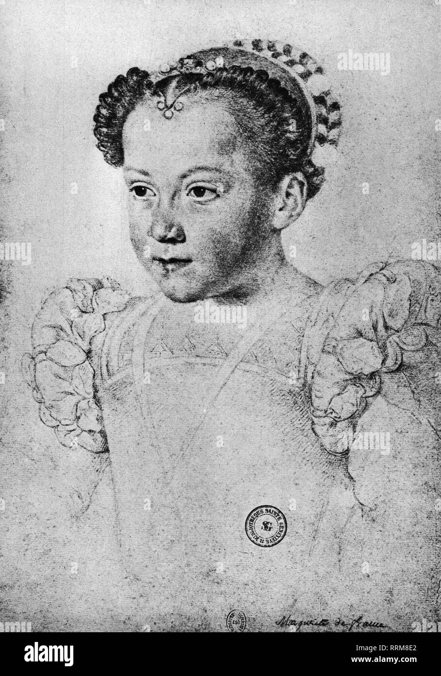Marie Elisabeth of Valois, 27.10.1572 - 9.4.1578, Princess of France, daughter of King Charles IX, portrait, drawing, circa 1777/1778, Bibliotheque Nationale, Paris, Additional-Rights-Clearance-Info-Not-Available Stock Photo