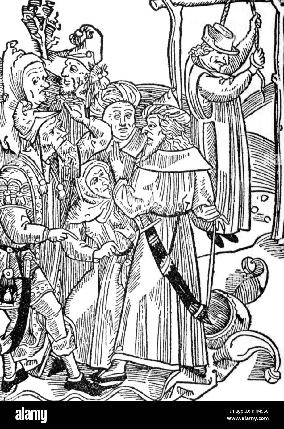 Brant, Sebastian, 1457/1458 - 10.5.1521, German humanist and author / writer, works, 'The Ship of Fools', printed by Johann Bergmann von Olpe, Basel, 1494, woodcut to the 98th chapter, 'Of Foreign Fools', Additional-Rights-Clearance-Info-Not-Available Stock Photo
