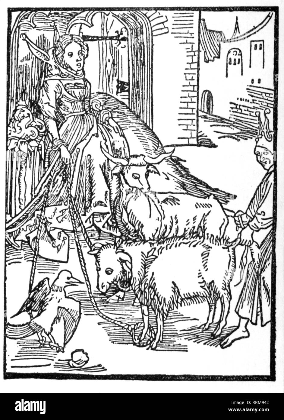 Brant, Sebastian, 1457/1458 - 10.5.1521, German humanist and author / writer, works, 'The Ship of Fools', printed by Johann Bergmann von Olpe, Basel, 1494, woodcut to the 50th chapter, 'Of Voluptuousness', Additional-Rights-Clearance-Info-Not-Available Stock Photo