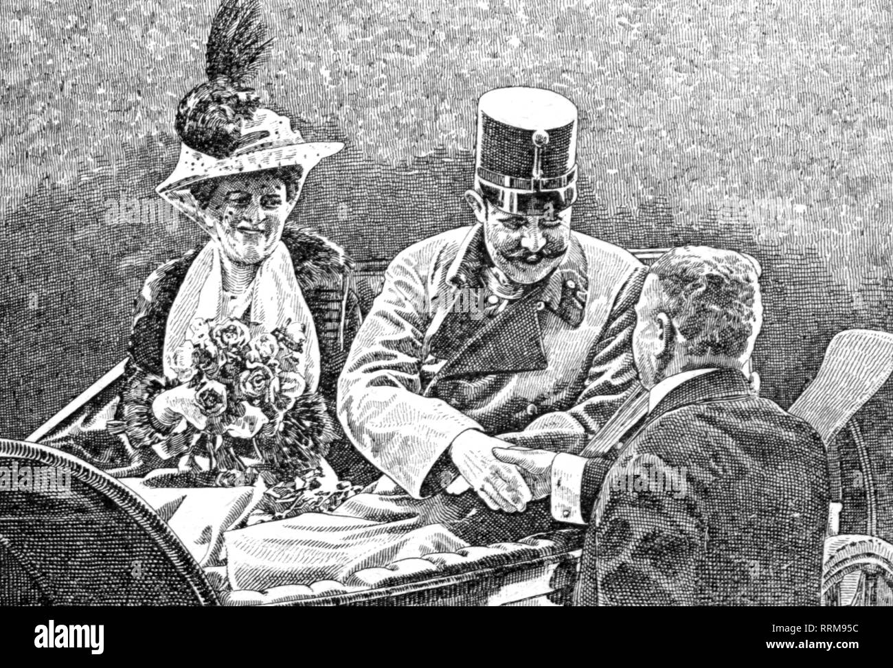 Franz Ferdinand, 18.12.1863 - 28.6.1914, Heir Presumtive of Austria-Hungary 30.1.1889 - 28.6.1914, half length, with wife Sophie Duchess of Hohenberg, shortly after the arrival at Sarajevo, 28.6.1914, contemporary drawing, Additional-Rights-Clearance-Info-Not-Available Stock Photo