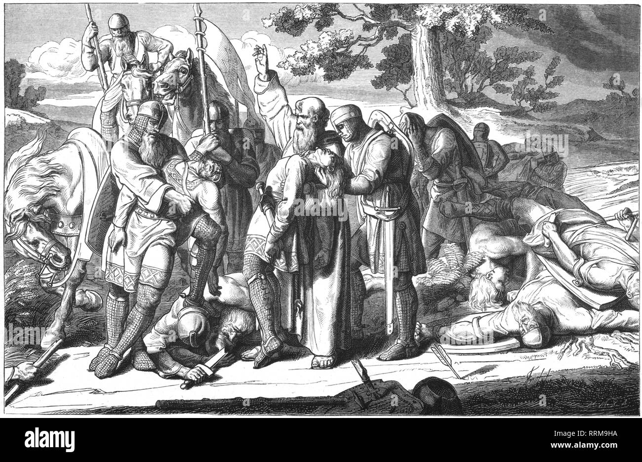 Odo II, 983 - 15.11.1037, Count of Blois 1004 - 1037, death on the flight after the battle of Bar-le-Duc, 15.11.1037, wood engraving, 19th century, Additional-Rights-Clearance-Info-Not-Available Stock Photo