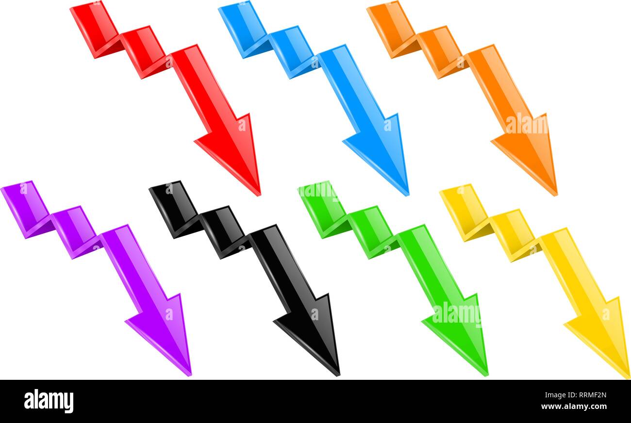 Arrows. Colored DOWN financinal 3d signs Stock Vector