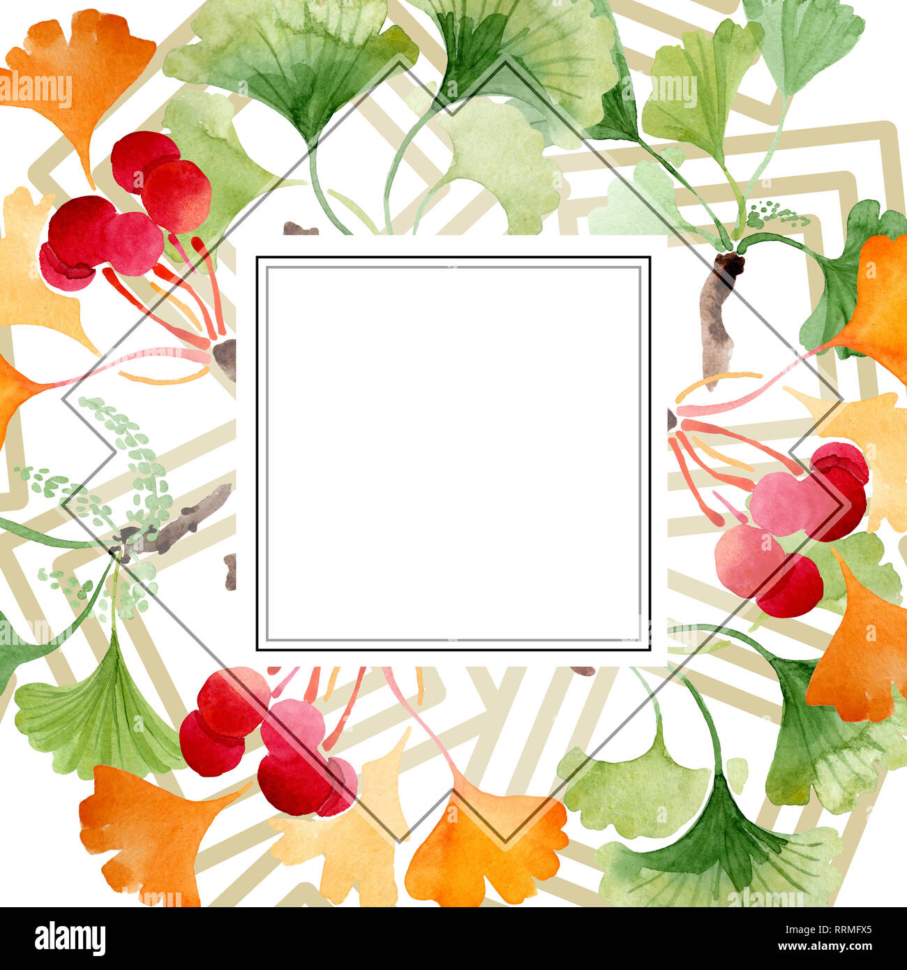 Ginkgo biloba green and yellow leaves. Watercolor background