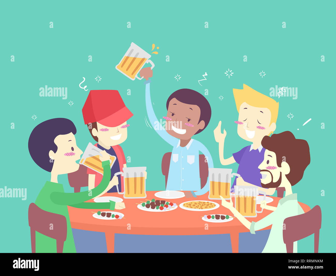 Illustration of Men Friends Sitting Around a Table Drinking Mugs of