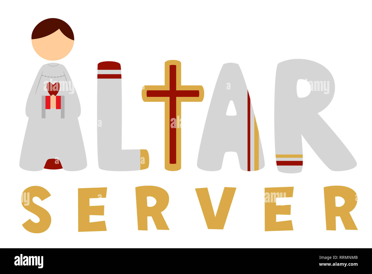 Illustration of an Altar Server Lettering with a Boy in White Alb as Letter A Stock Photo