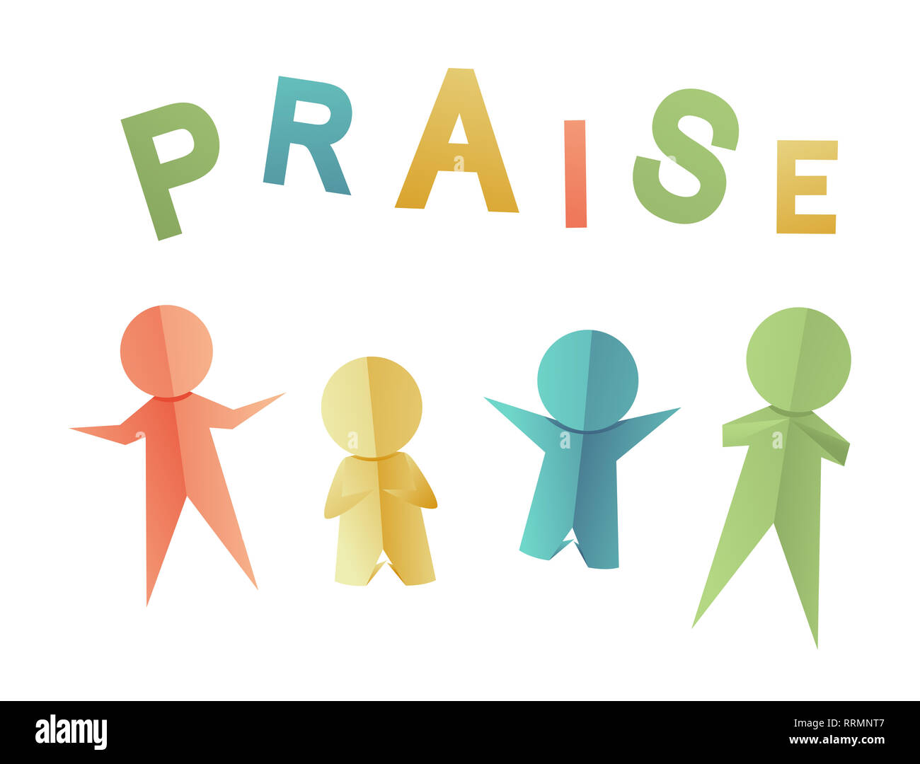 Illustration of Paper Cutout of People, Some with Hands Up and Others Kneeling with Praise Lettering Stock Photo