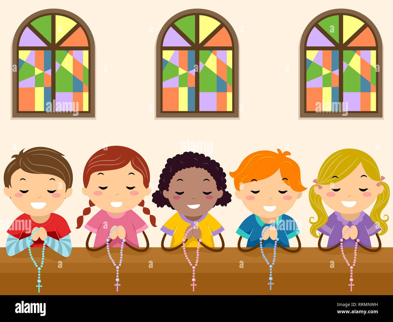 Illustration of Stickman Kids Kneeling and Praying the Rosary in Church  Stock Photo - Alamy