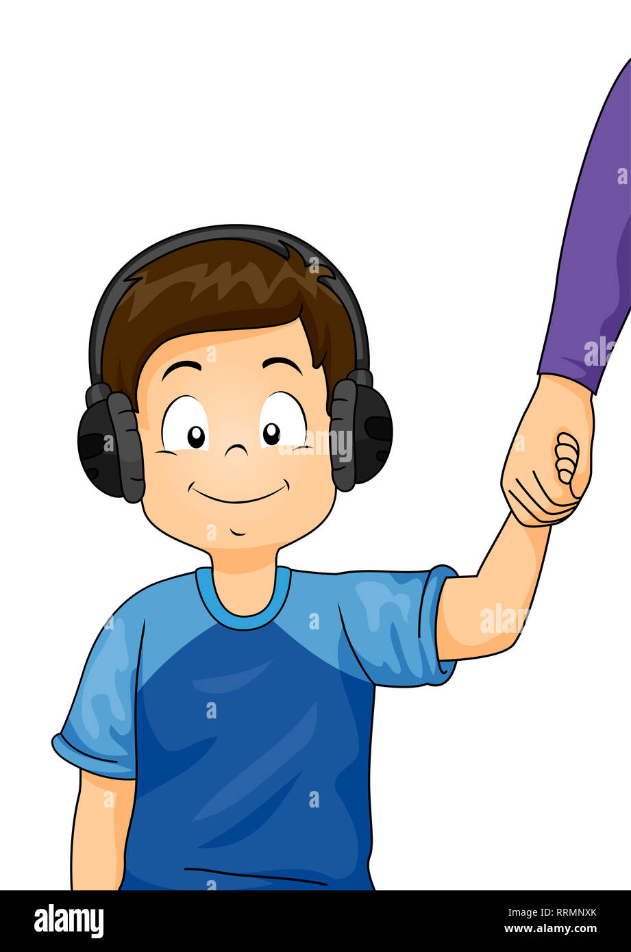 Illustration of a Kid Boy Holding an Adult Hand Wearing Headset for Noise Reduction Stock Photo