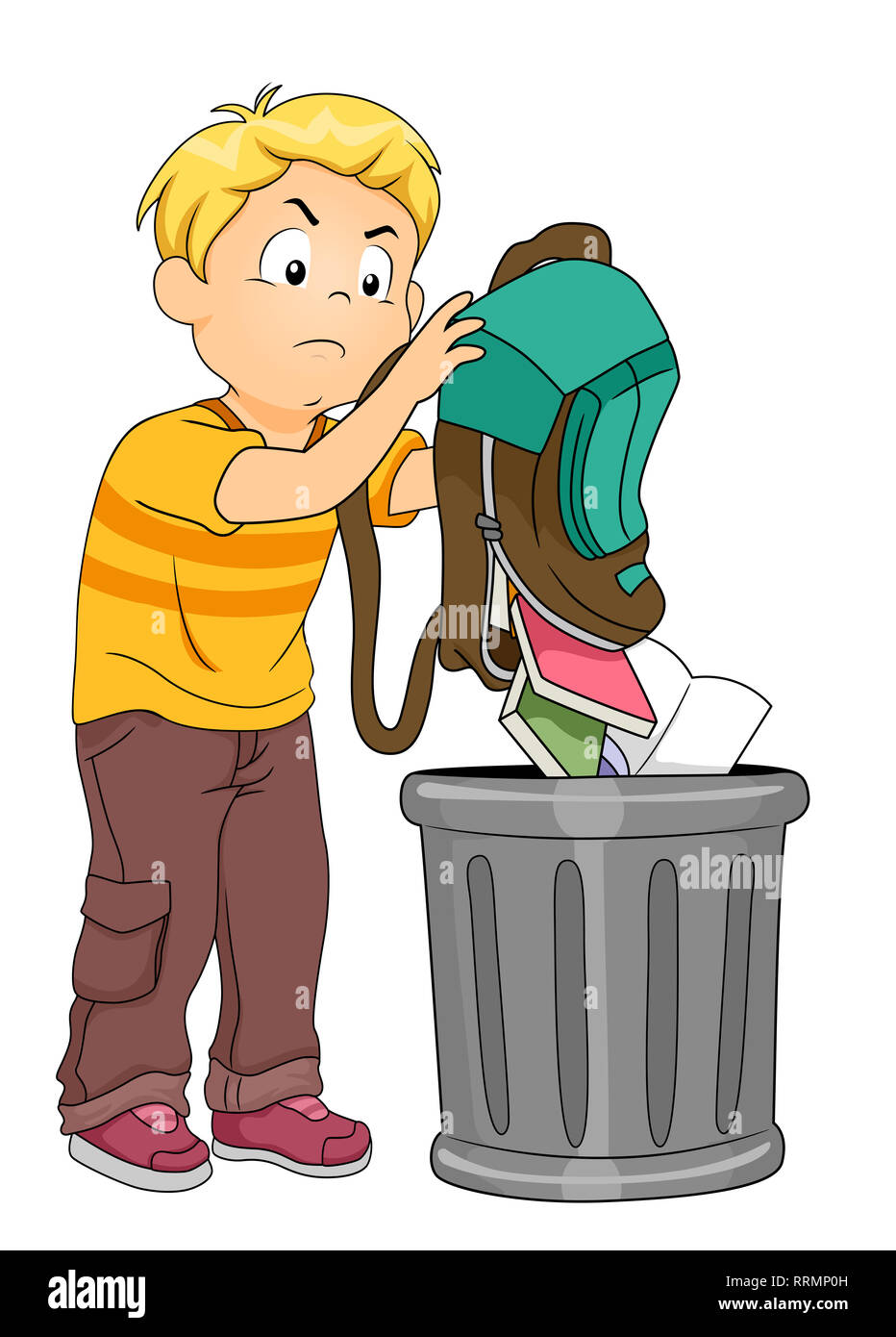 Illustration of a Kid Boy Throwing Books and Notebooks from His Backpack in the Trash Can Stock Photo
