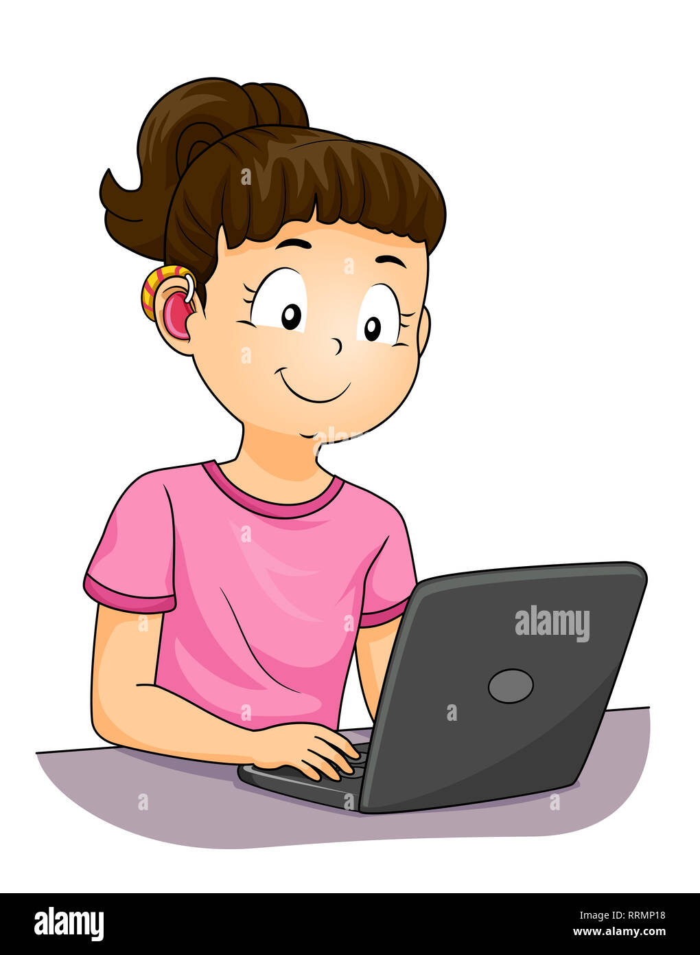 Illustration of a Deaf Kid Girl Wearing a Hearing Aid and Using a Laptop Stock Photo