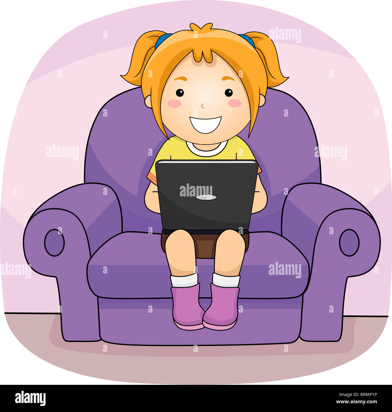 Illustration Of A Kid Girl Using A Laptop While Sitting On A Couch