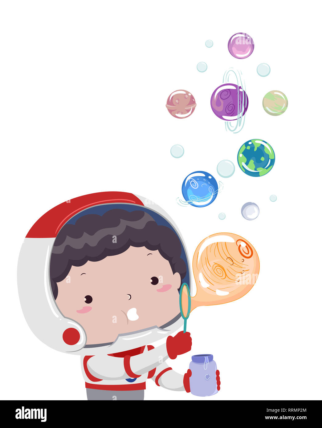 Illustration Of A Kid Boy Astronaut Blowing Bubbles Of Different