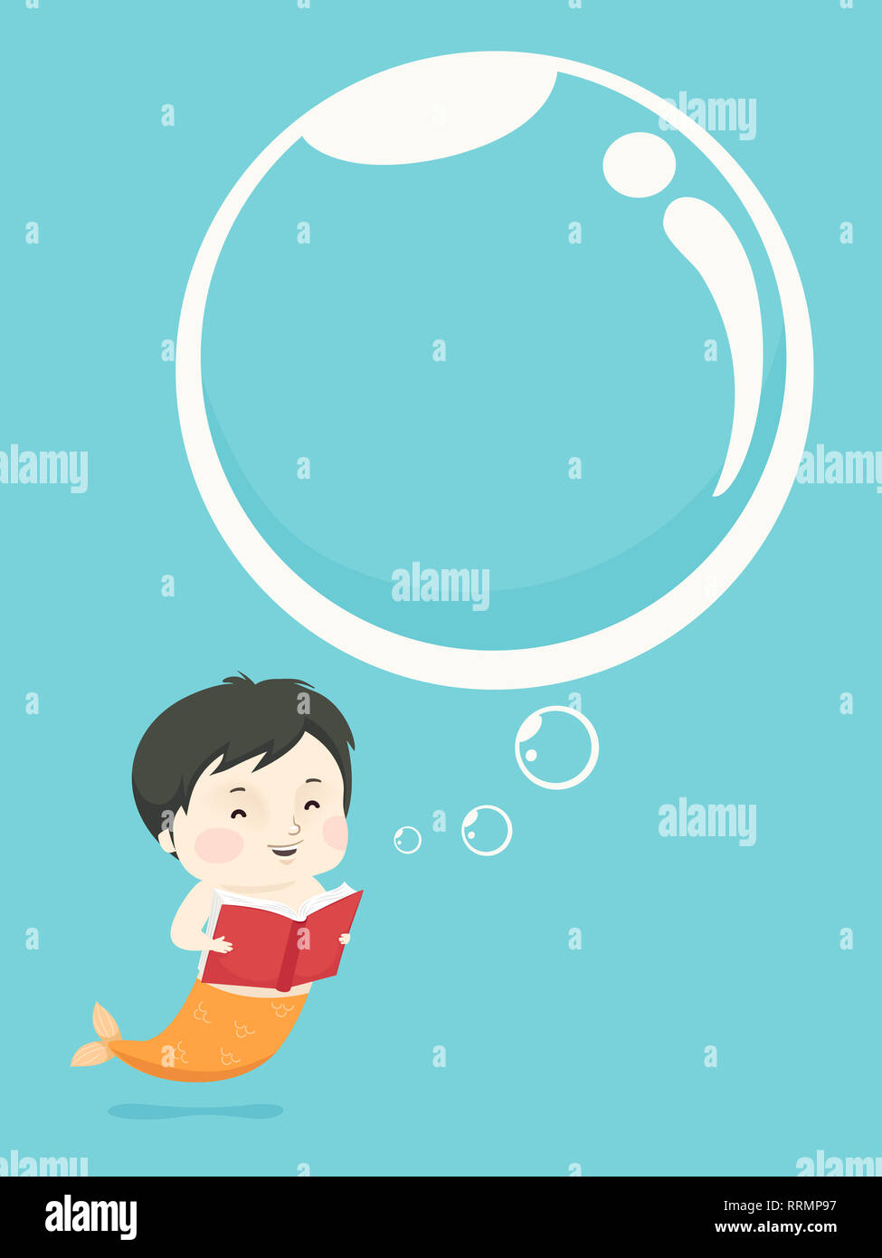 Illustration of a Kid Boy Mermaid with a Thinking Bubble and Reading a Book Stock Photo