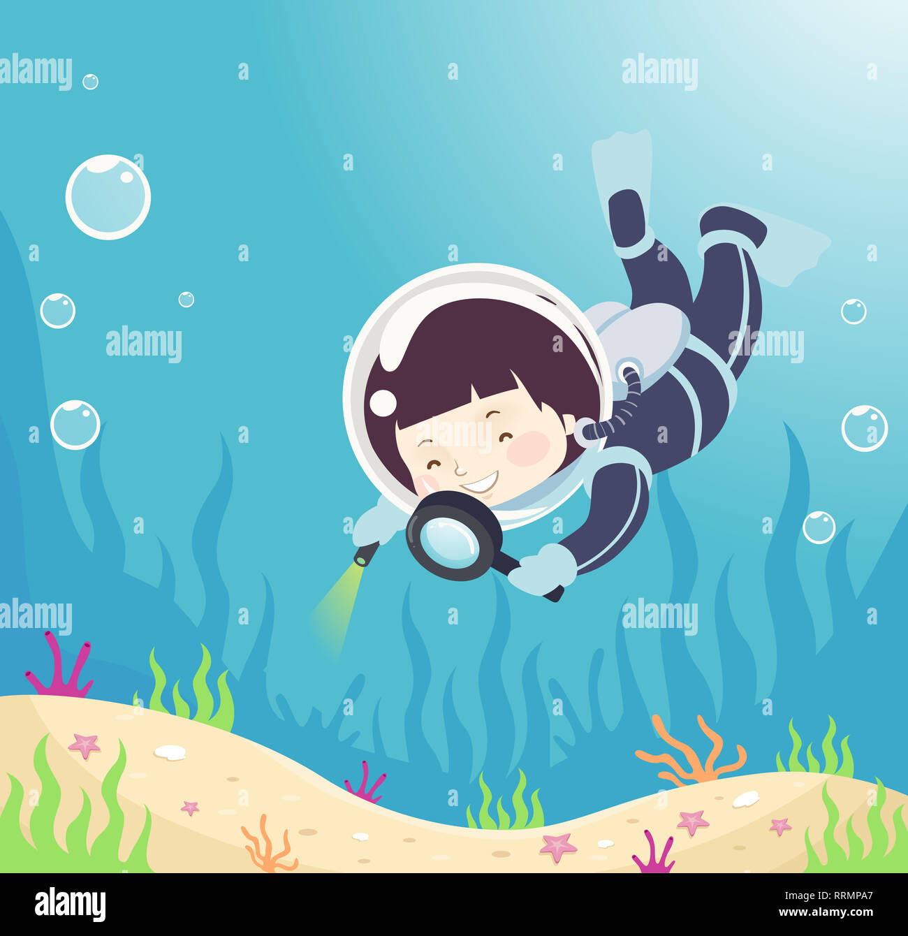 Illustration Of A Kid Boy In Scuba Diving Suit Using A Magnifying Glass To Observe Underwater Stock Photo Alamy