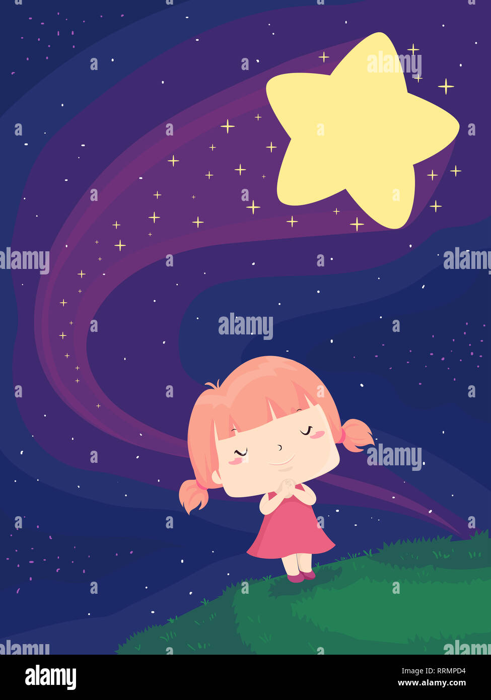 Illustration of a Kid Girl with Eyes Closed Wishing Earnestly on a Illustration of a Kid Girl with Eyes Closed Wishing Earnestly on a