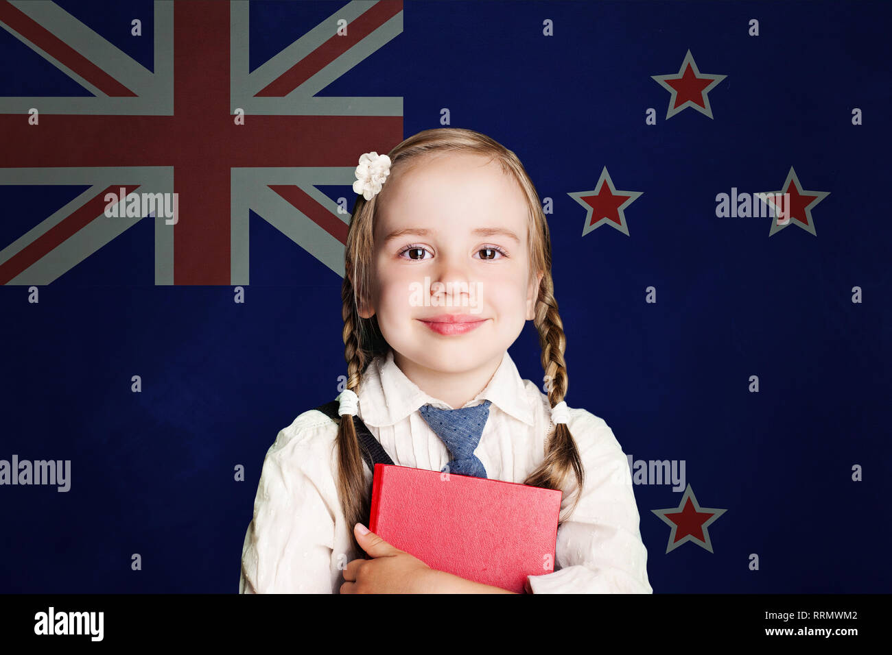 New Zealand concept with child girl student with book against the New Zealand flag background Stock Photo