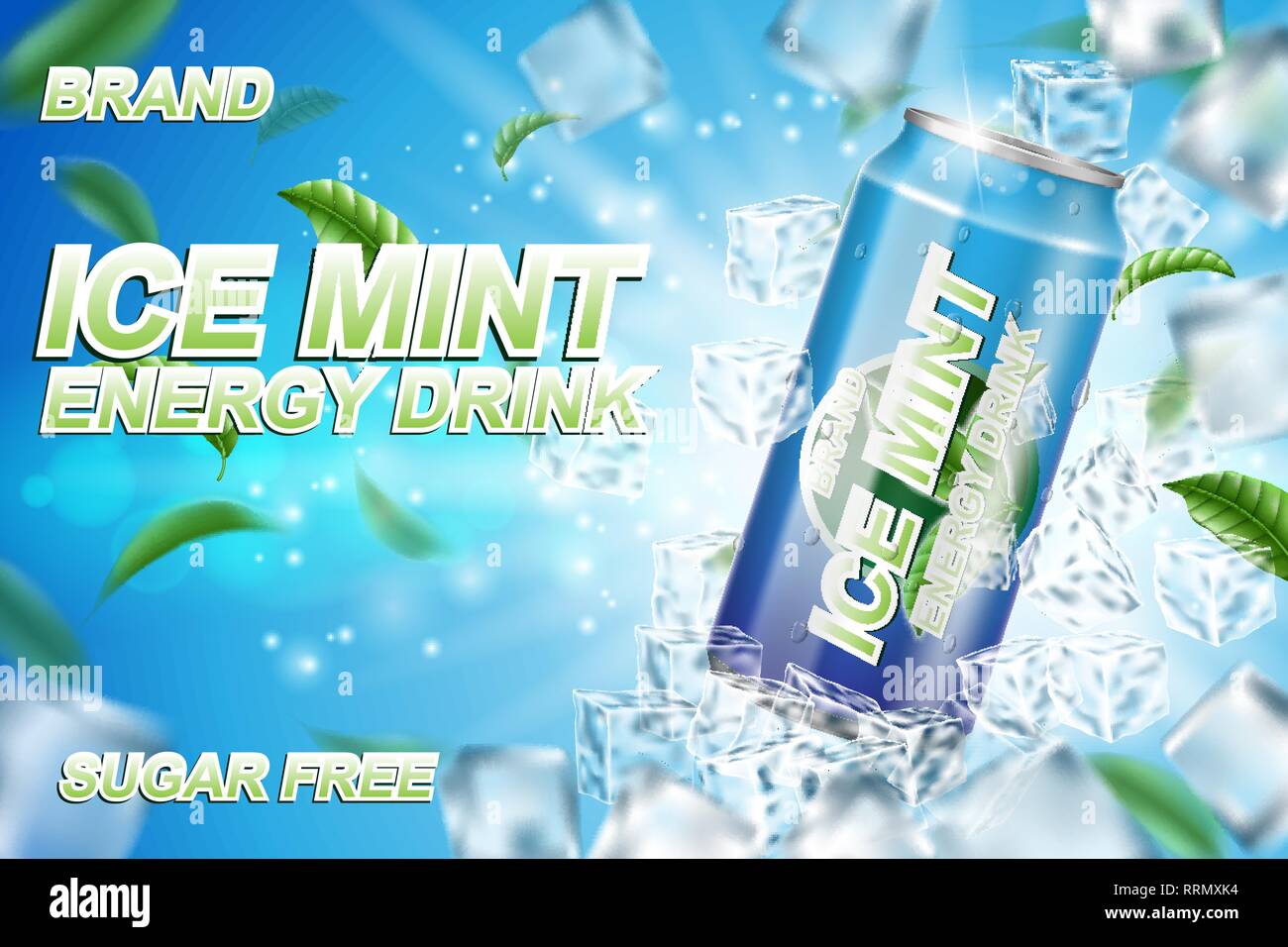 Energy drink label ads with ice cubes and mint leaves. Package design