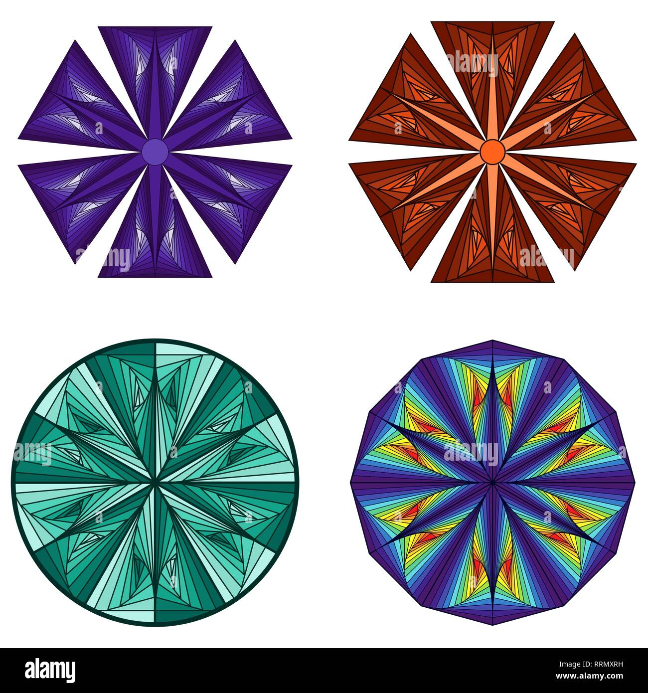 Set of four mandalas with smooth transition color like a pseudo 3D visual effect, vector handmade Stock Vector