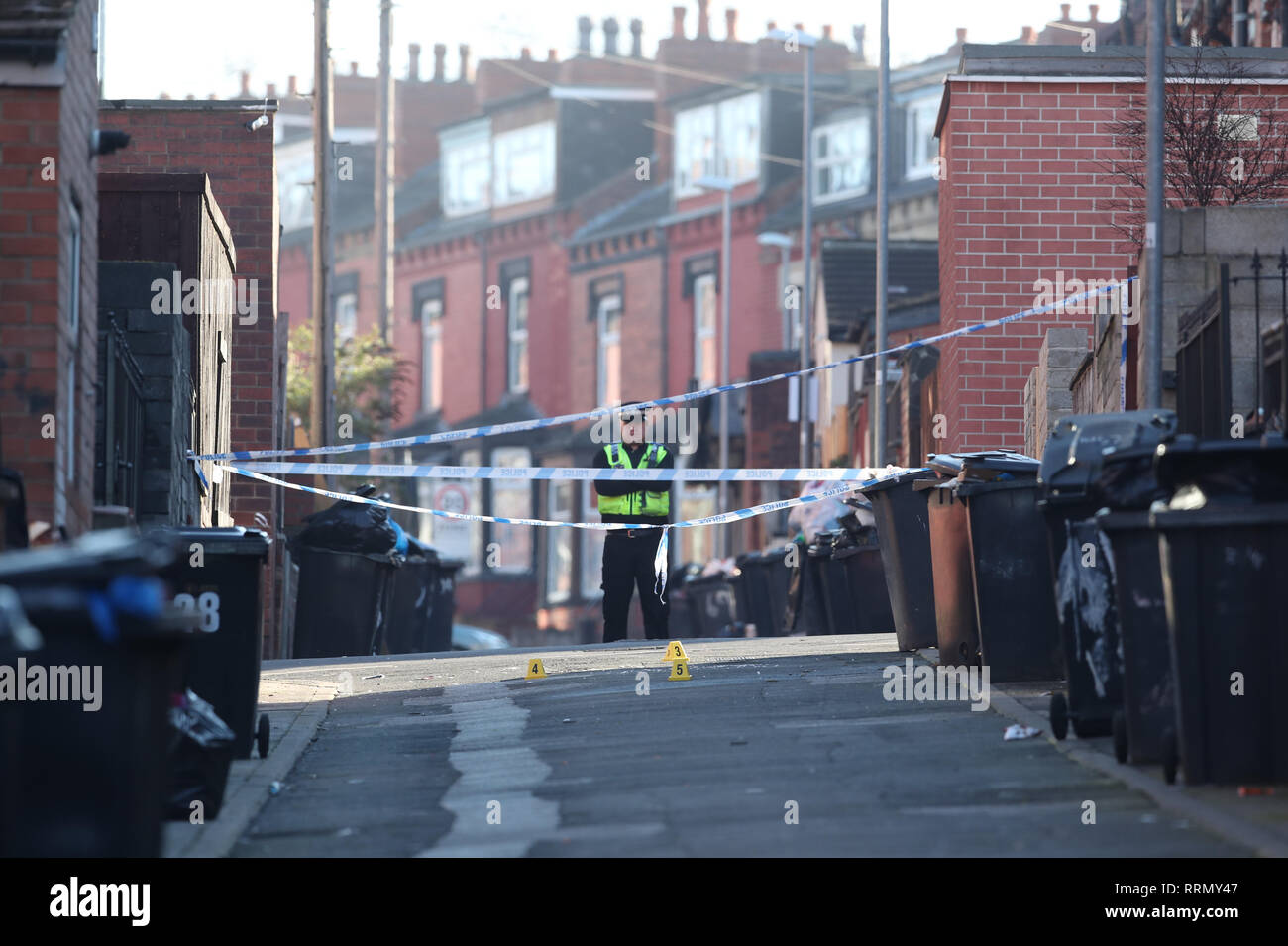 Police markers near Milan Road, Harehills, Leeds, after a murder