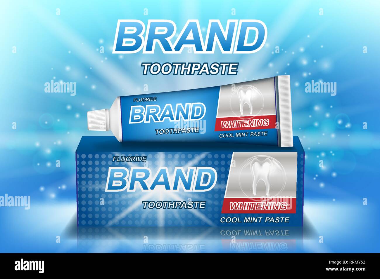 Whitening toothpaste ads isolated on blue. Tooth model and product