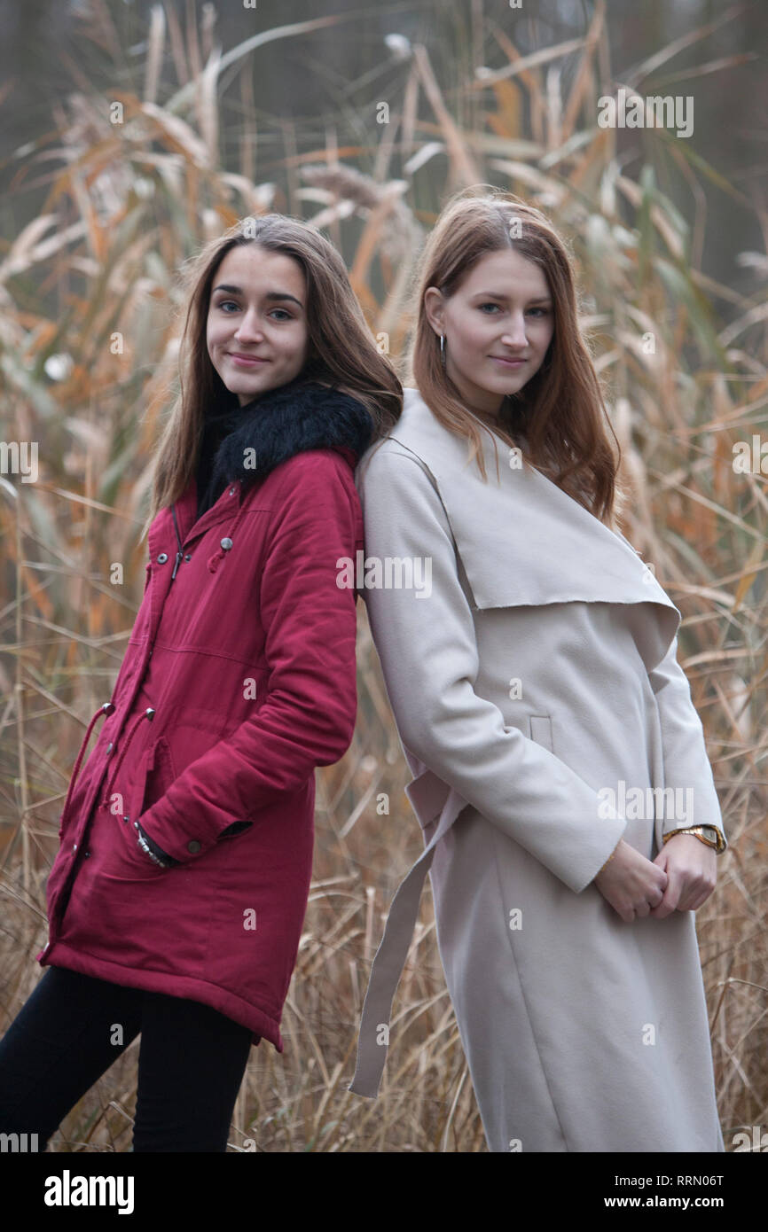 Portrait of a beautiful teenage girls in the nature, in the forest in ...