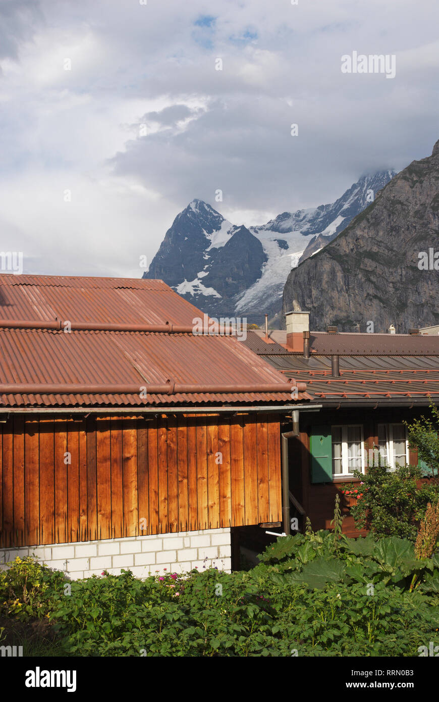 wooden houses in Murren with Eiger glacier (Eigergletcher) in the