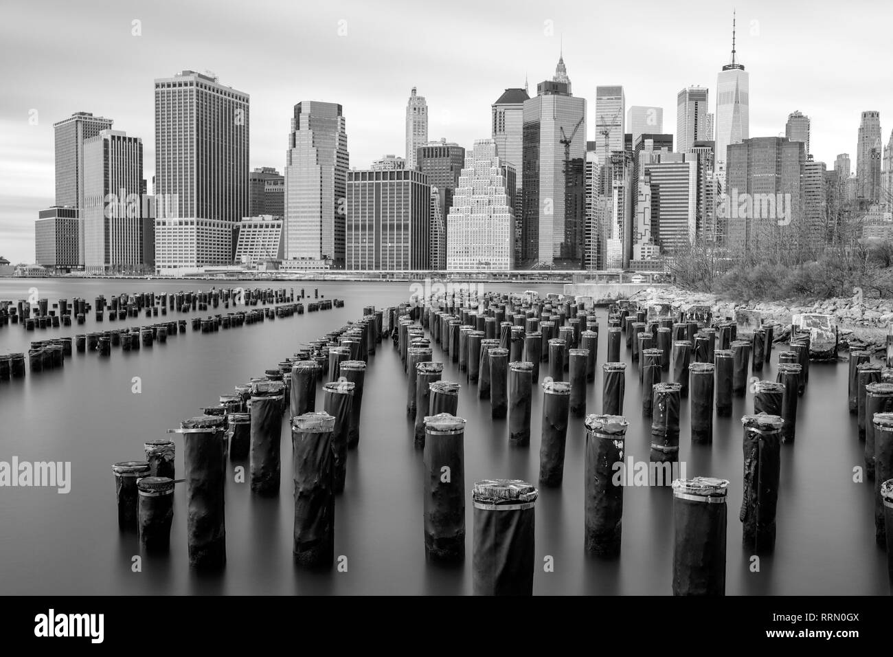 USA, American, New York, Manhattan,View to downtown with Brooklyn Bridge Park Stock Photo