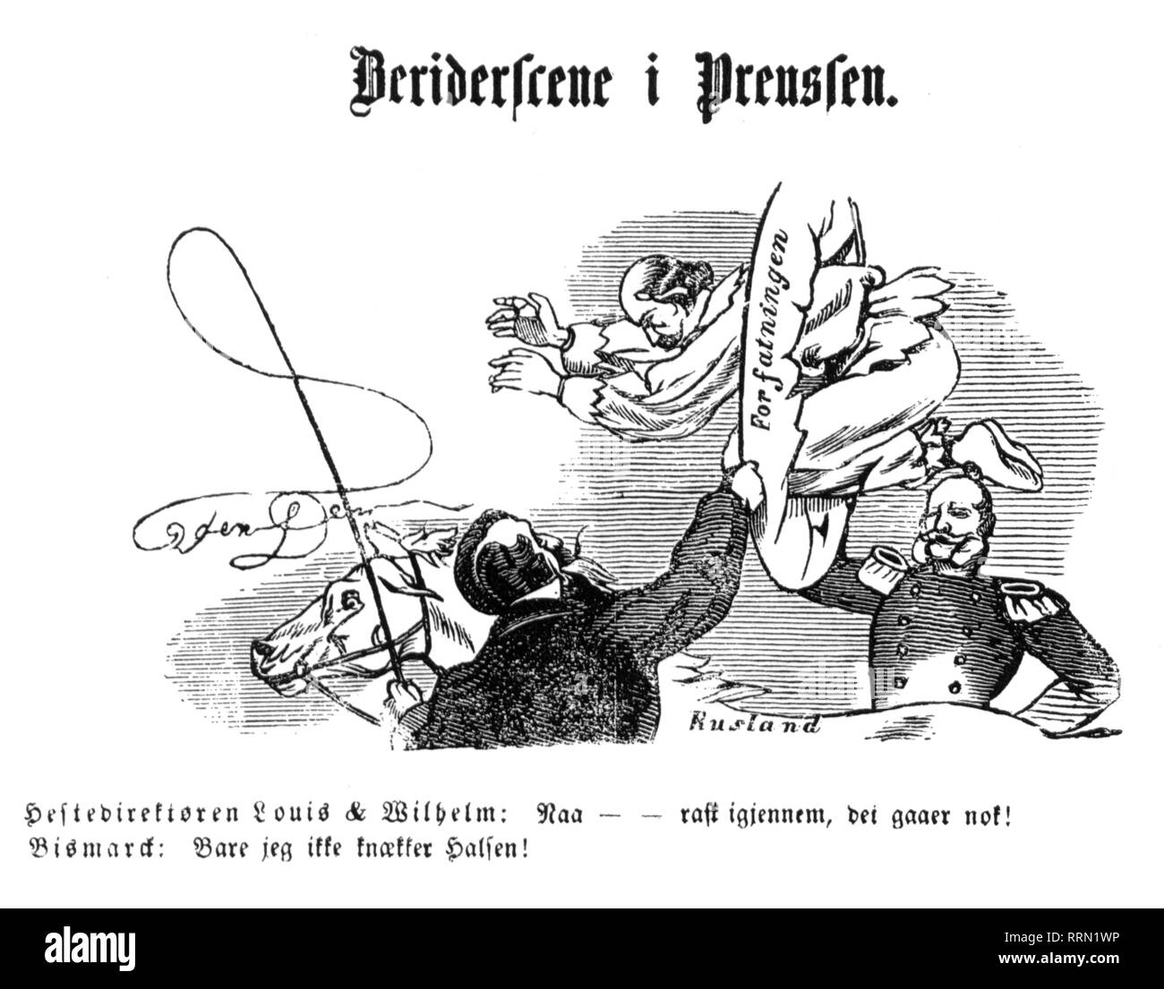 Bismarck, Otto von, 1.4.1815 - 30.7.1898, German politician, caricature, 'Circus Riding in Prussia', drawing, Copenhagen, 14.2.1863, Additional-Rights-Clearance-Info-Not-Available Stock Photo