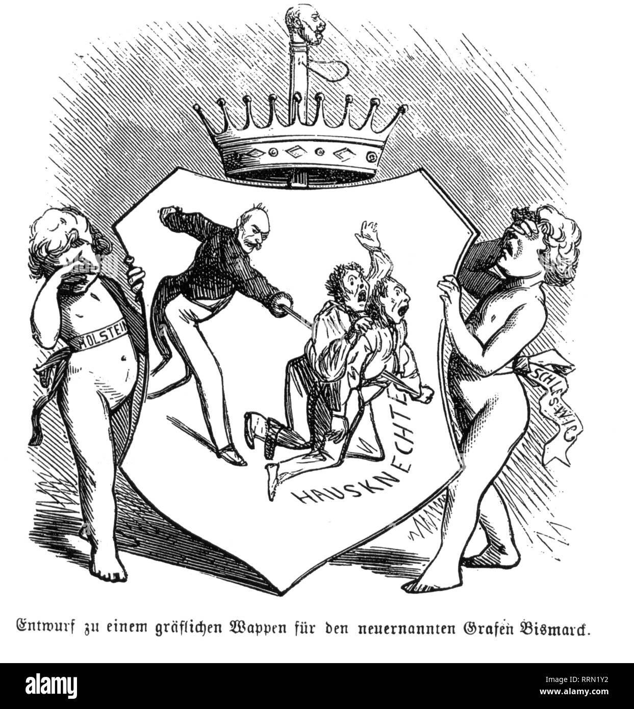 Bismarck, Otto von, 1.4.1815 - 30.7.1898, German politician, caricature, 'Layout for a comital coat of arms for the newly designated count Bismarck', drawing, 'Figaro', Vienna, 23.9.1864, Additional-Rights-Clearance-Info-Not-Available Stock Photo