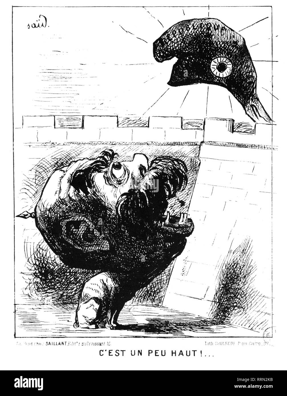 Bismarck, Otto von, 1.4.1815 - 30.7.1898, German politician, caricature, the dog Bismarck barking in vain at the republic, 'A little to high', broadsheet, Paris, late 1870, Additional-Rights-Clearance-Info-Not-Available Stock Photo