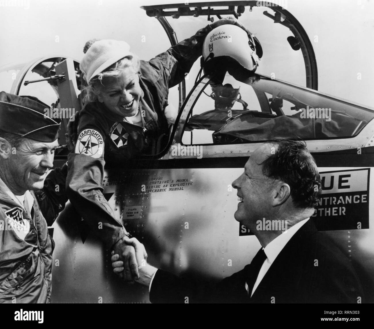 Cochran, Jacqueline 'Jackie', 11.5.1906 - 9.8.1980, American aviatrix, half length, in her Lockheed TF-104 G Starfighter after her record flight, Edwards Air Force Base, California, 2.5.1963, with colonel Charles E. Yeager and M. C. Haddon, president of Lockheed California, Additional-Rights-Clearance-Info-Not-Available Stock Photo