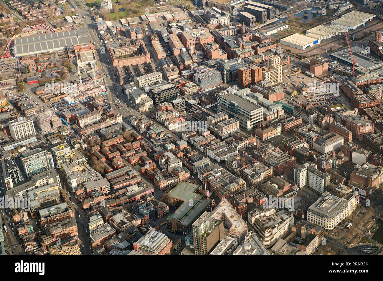 An aerial view of Manchester City Centre and the northern Quarter , Spring 2018, North West England, UK Stock Photo