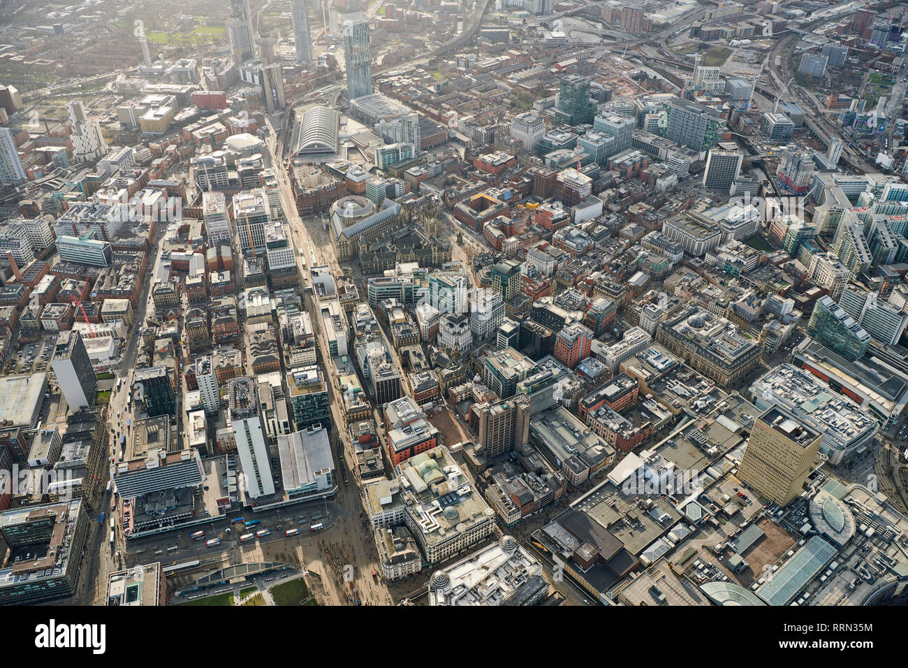 An aerial view of Manchester City Centre, Spring 2018, North West England, UK Stock Photo