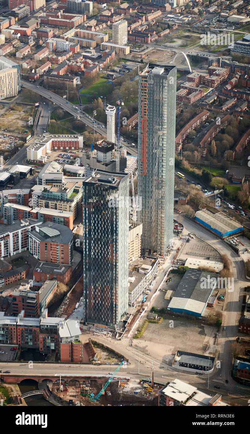 An aerial view of new residential towers at Manchester City Centre, Spring 2018, North West England, UK Stock Photo